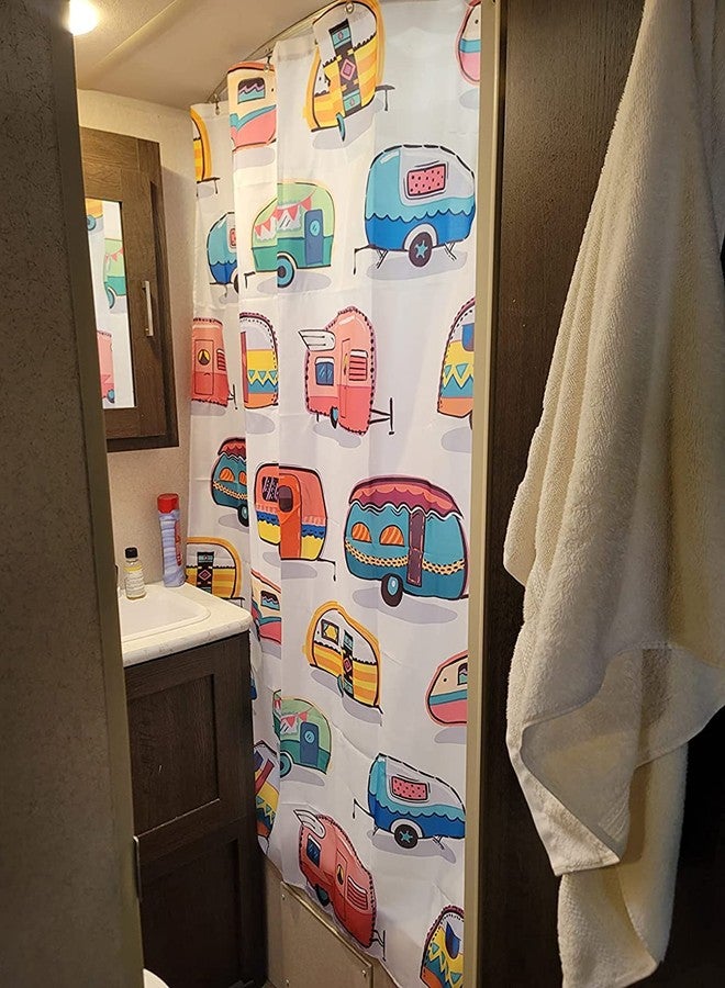 JAWO ستارة حمام JAWO RV لحمام التخييم في المقطورة، بتصميم كلاسيكي ممتع، ستارة حمام Happy Camper مع مجموعة خطافات، 47 × 64 بوصة - Image 3